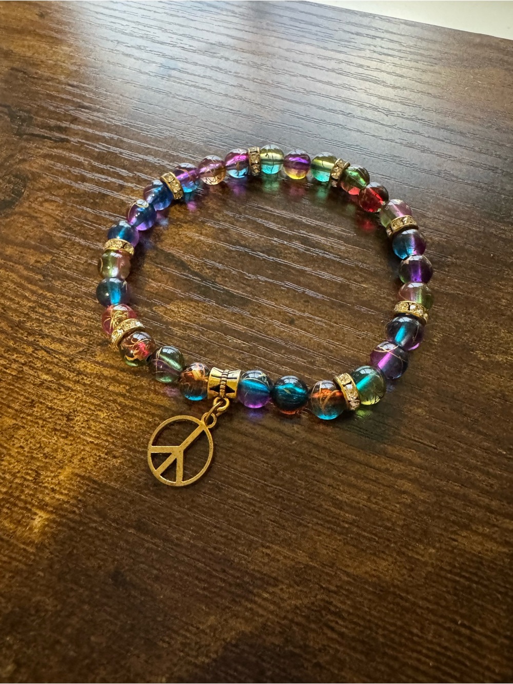Handmade Peace Sign Beaded Stretch Bracelet Colorful Rhinestone Accents